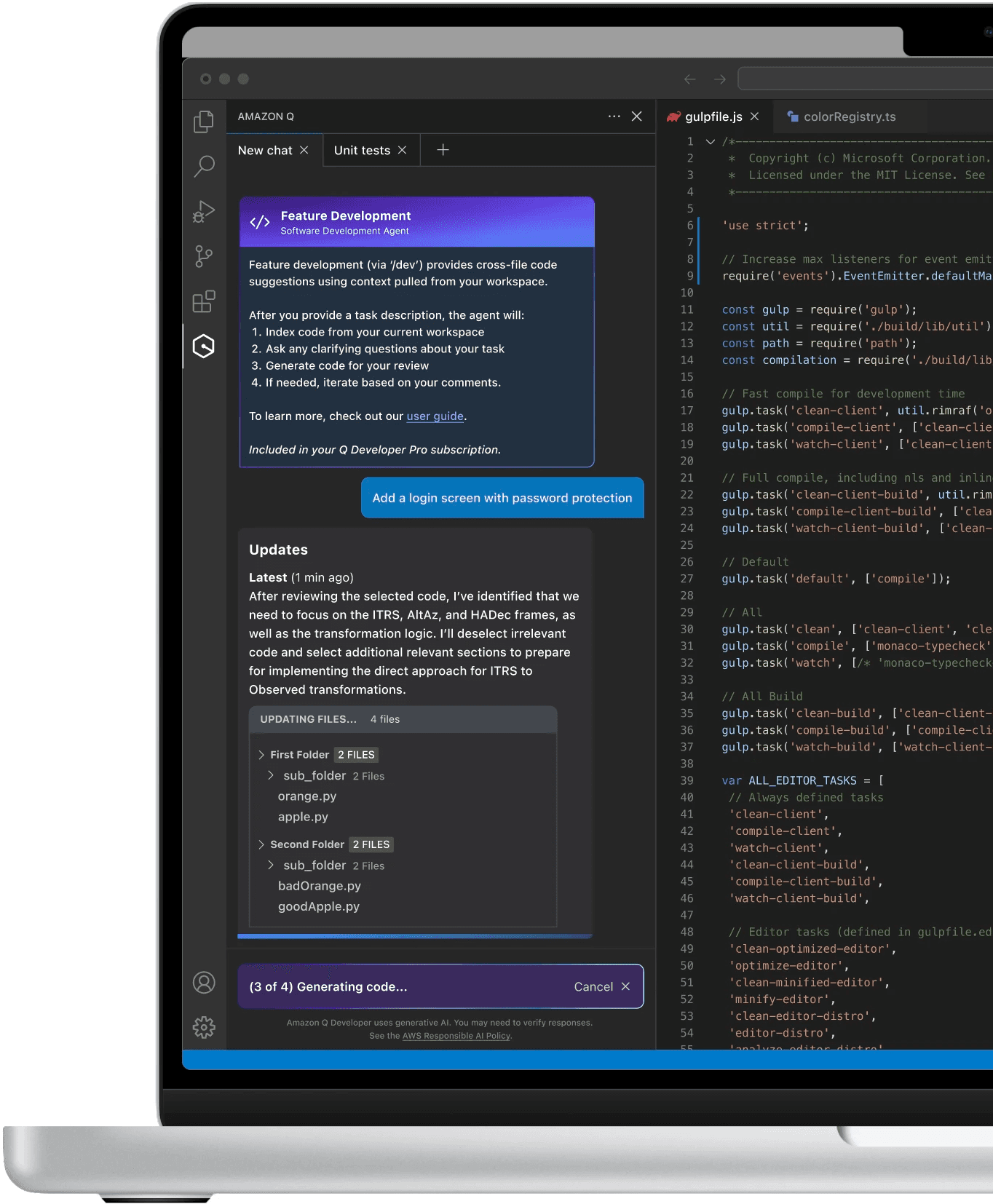 Agent provides updates during code generation so users can follow the logic